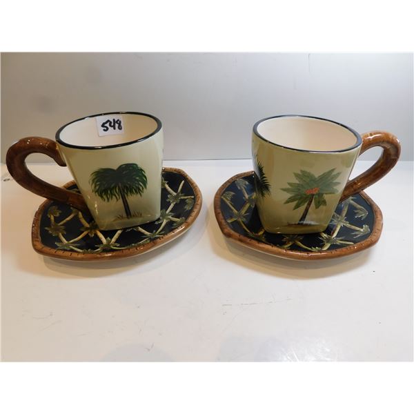 2-PACIFIC RIM CUP AND SAUCERS BLACK PALM TREE