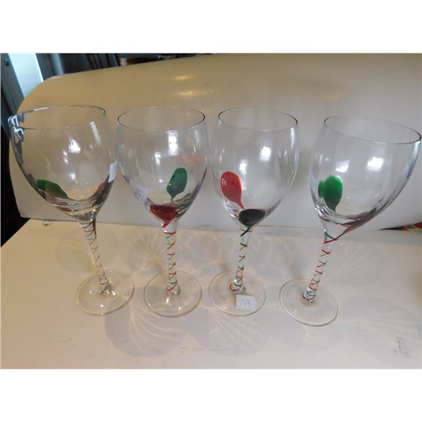 4-RETIRED PIER 1 RED & GREEN SWIRL SWIPE WINE GLASSES, CRISS-CROSS STEM