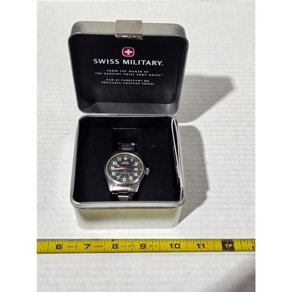 Swiss military wrist watch with case- new battery- works