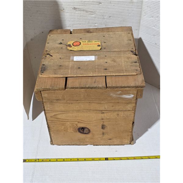 Vinatge wooden egg crate with cardboard flats, palm dairies saskatoon label- 13" by13" by 13"H