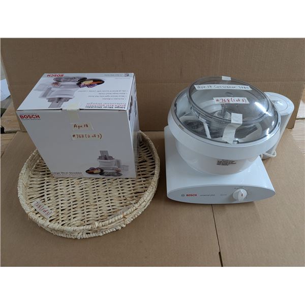 BOSCH Universal Kitchen Machines with accessories and Use and Care Manual. Works well. Weaved contai
