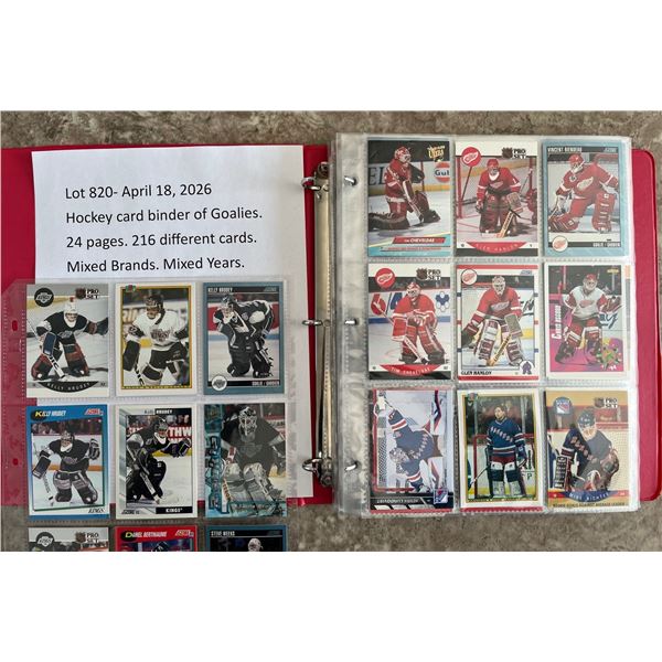 Hockey card binder of Goalies. 24 pages. 216 different cards. Mixed Brands. Mixed Years.