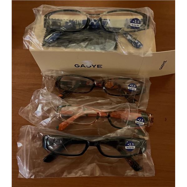Reading Glasses x 4. +2.50 strength. New with cloth. Never used.