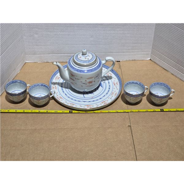 Stoneware teapot, base and cups
