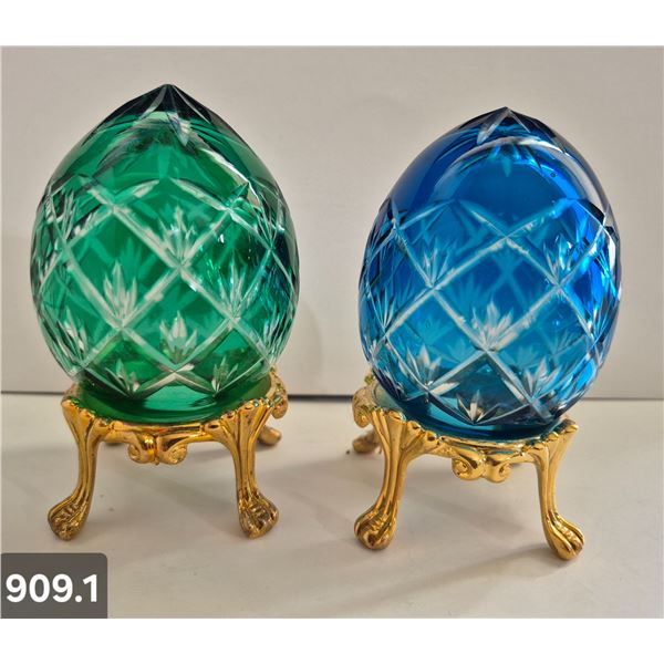 909. Pair of Bohemian cut glass MCM eggs - 24k gold-plated stand, from a large collection