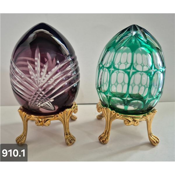 910. Pair of Bohemian cut glass MCM eggs - 24k gold-plated stand, from a large collection