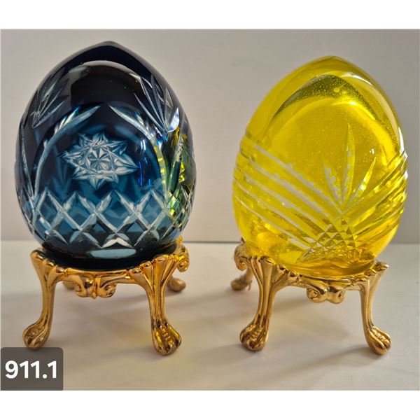 911. Pair of Bohemian cut glass MCM eggs - 24k gold-plated stand, from a large collection
