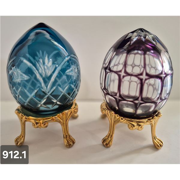 912. Pair of Bohemian cut glass MCM eggs - 24k gold-plated stand, from a large collection