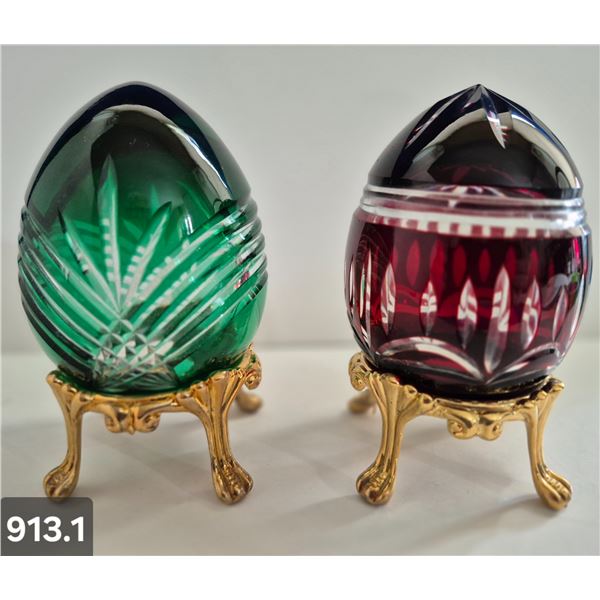 913. Pair of Bohemian cut glass MCM eggs - 24k gold-plated stand, from a large collection