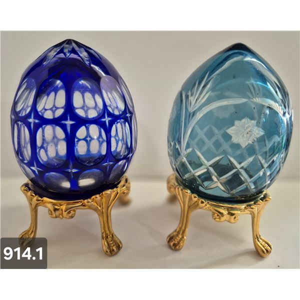 914. Pair of Bohemian cut glass MCM eggs - 24k gold-plated stand, from a large collection
