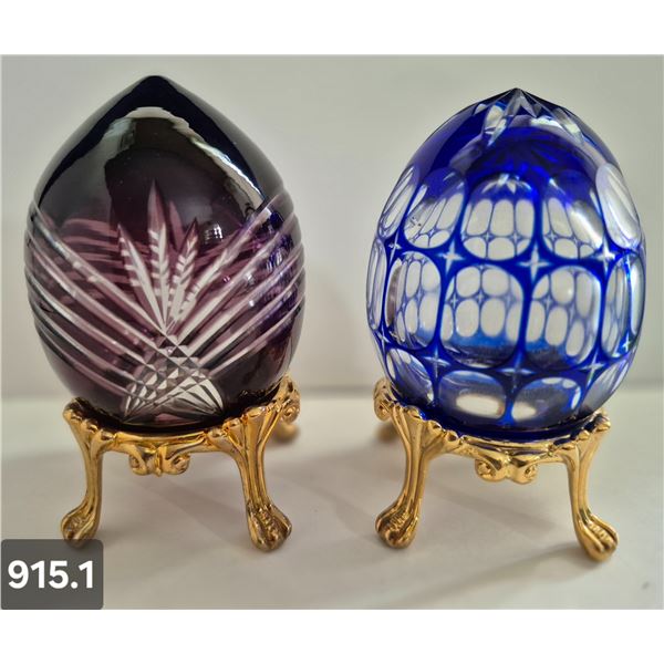 915. Pair of Bohemian cut glass MCM eggs - 24k gold-plated stand, from a large collection