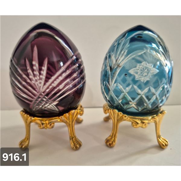 916. Pair of Bohemian cut glass MCM eggs - 24k gold-plated stand, from a large collection