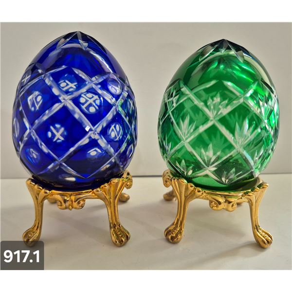 917. Pair of Bohemian cut glass MCM eggs - 24k gold-plated stand, from a large collection