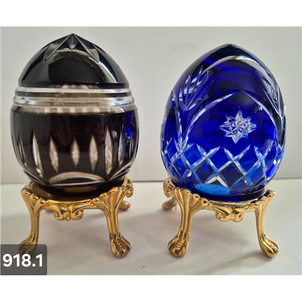 918. Pair of Bohemian cut glass MCM eggs - 24k gold-plated stand, from a large collection