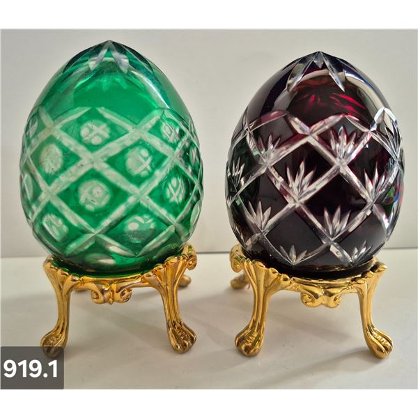 919. Pair of Bohemian cut glass MCM eggs - 24k gold-plated stand, from a large collection