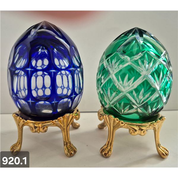 920. Pair of Bohemian cut glass MCM eggs - 24k gold-plated stand, from a large collection
