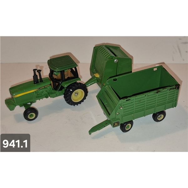 941. John Deere 1/64 tractor with 2 implements - mint condition, from the 80s or 90s. (Diecast Metal