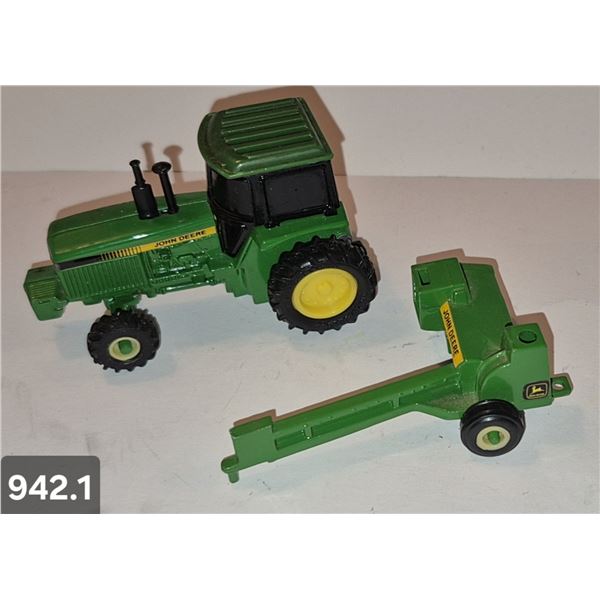 942. John Deere 1/64 tractor with 1 implement - mint condition, from the 80s or 90s. (Diecast Metal)