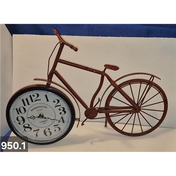 950. Vintage metal art bicycle with clock, with a working kick stand, 19 inches long
