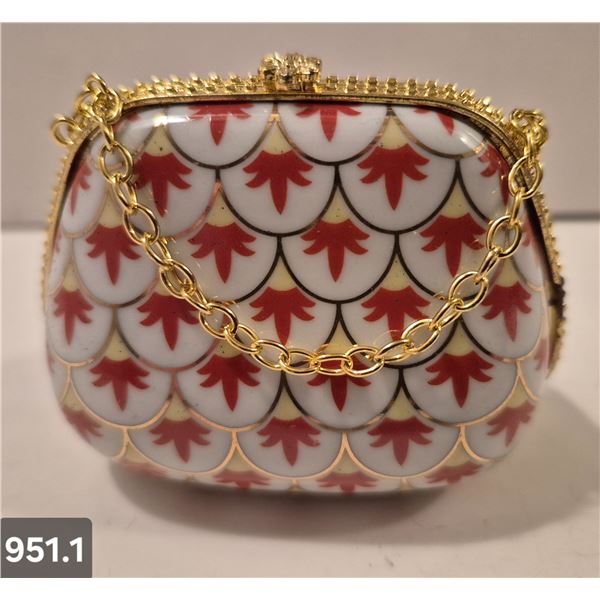 951. Vintage miniature porcelain purse (handbag), approx. 2 1/2 by 3 inches, 22k gold-plated trim