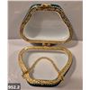 Image 2 : 952. Vintage miniature porcelain purse (handbag), approx. 2 1/2 by 3 1/4 inches, 22k gold-plated tri