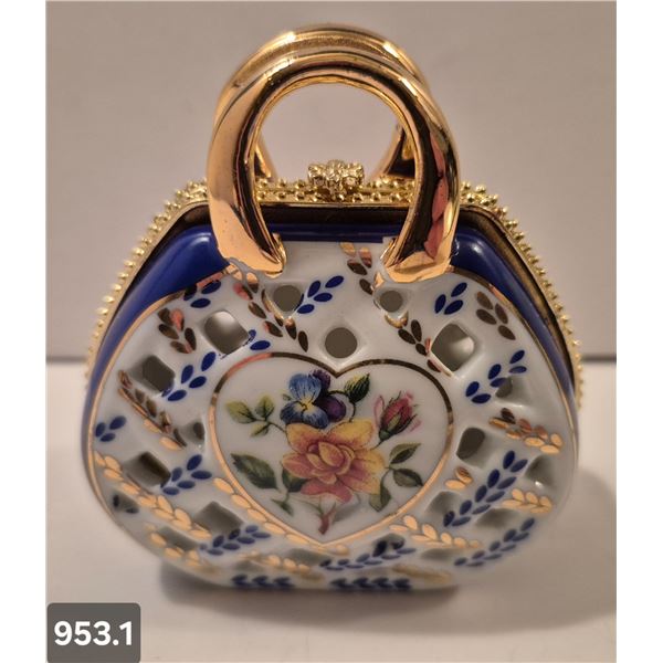 953. Vintage miniature porcelain purse (handbag), approx. 3 1/4 by 3 inches, 22k gold-plated trim