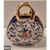 Image 1 : 953. Vintage miniature porcelain purse (handbag), approx. 3 1/4 by 3 inches, 22k gold-plated trim