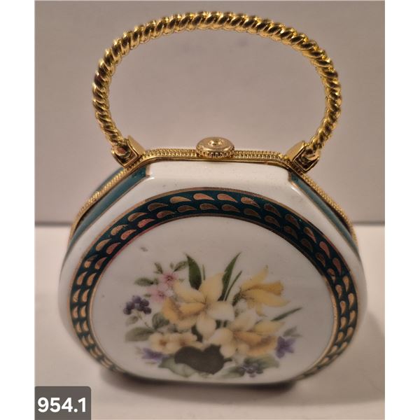 954. Vintage miniature porcelain purse (handbag), approx. 3 1/2 by 3 inches, 22k gold-plated trim