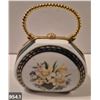 Image 1 : 954. Vintage miniature porcelain purse (handbag), approx. 3 1/2 by 3 inches, 22k gold-plated trim