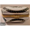 Image 3 : 954. Vintage miniature porcelain purse (handbag), approx. 3 1/2 by 3 inches, 22k gold-plated trim