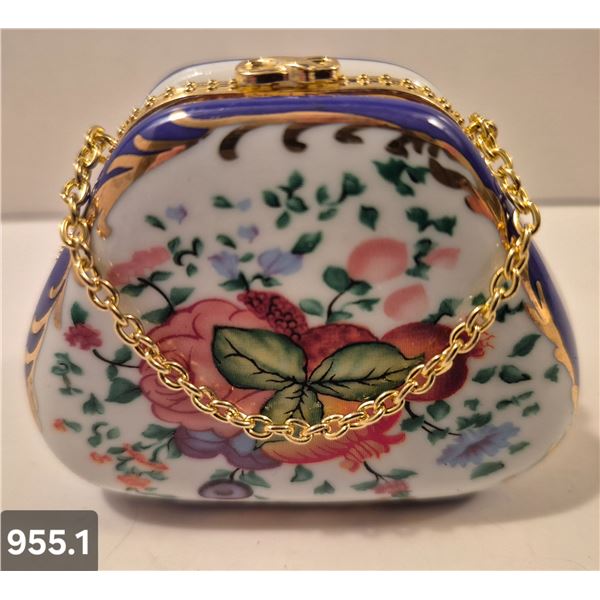 955. Vintage miniature porcelain purse (handbag), approx. 2 1/2 by 3 1/4 inches, 22k gold-plated tri