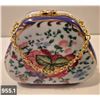 Image 1 : 955. Vintage miniature porcelain purse (handbag), approx. 2 1/2 by 3 1/4 inches, 22k gold-plated tri