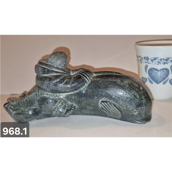 968. Inuit carving - large whale 8 inches long, being ridden by eskimo, excellent condition