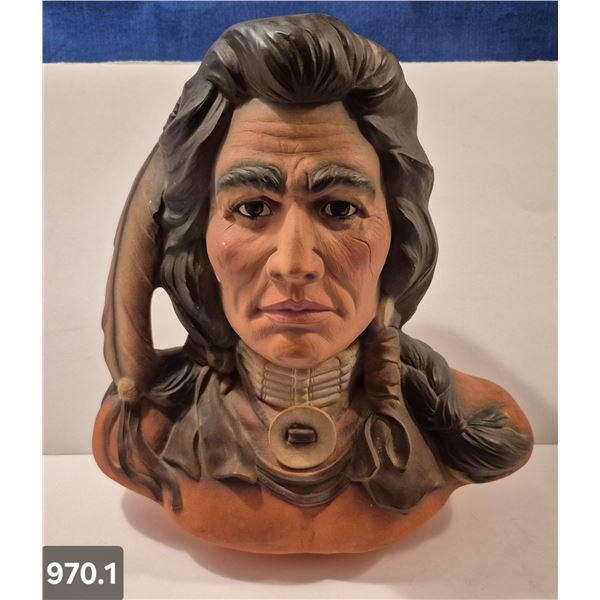 970. Large Native American bust of an Indian warrior, 11 1/4 inches tall, 2 small flakes on the rear