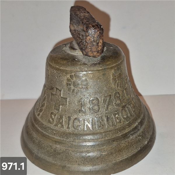971. Original antique heavy brass bell, "1875 -Chiantel Fondeur -Saignelegier", original gonger, 3 3