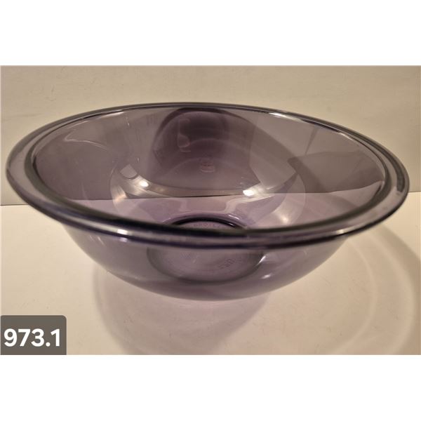 973. Purple Pyrex glass mixing bowl, approx. 10 inches across, 4 inches deep, no damage
