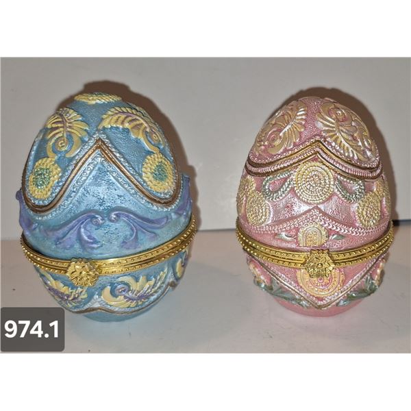 974. Pair of pottery decorated egg trinket boxes, approx. 3 1/2 inches tall
