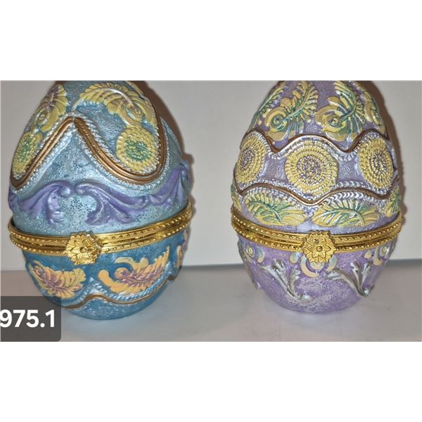 975. Pair of pottery decorated egg trinket boxes, approx. 3 1/2 inches tall