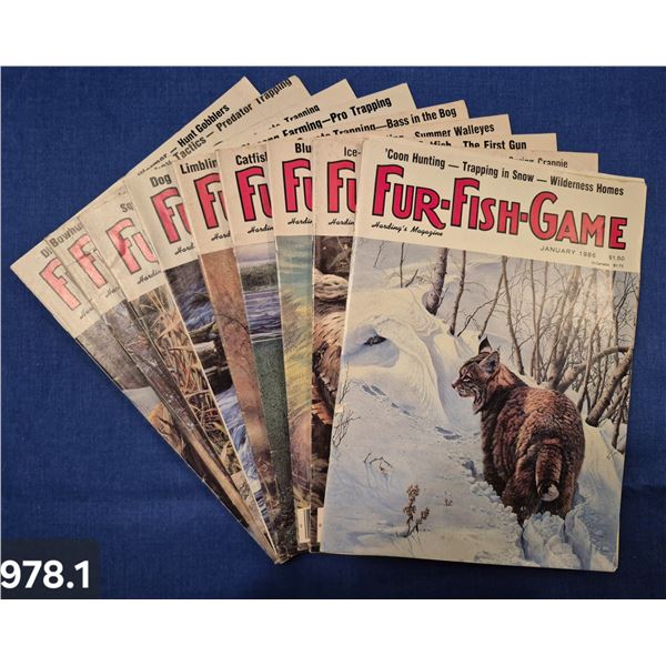 978. 9 Issues of 1986 Fur-Fish-Game outdoor sporting magazines, most in excellent flat condition, lo