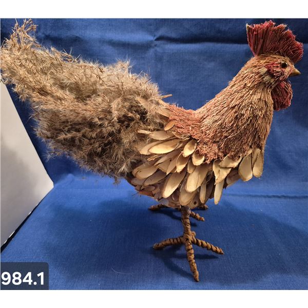 984. Large folk art rooster, made mainly of natural materials, steel legs and feet, 12 1/2 inches ta