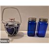 Image 1 : 1000. Pair of cobalt blue items, covered jam jar, chrome accents, and salt and pepper shakers