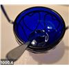 Image 4 : 1000. Pair of cobalt blue items, covered jam jar, chrome accents, and salt and pepper shakers