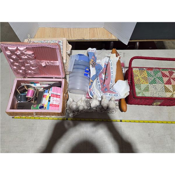 Lot of misc items and sewing boxes with contents