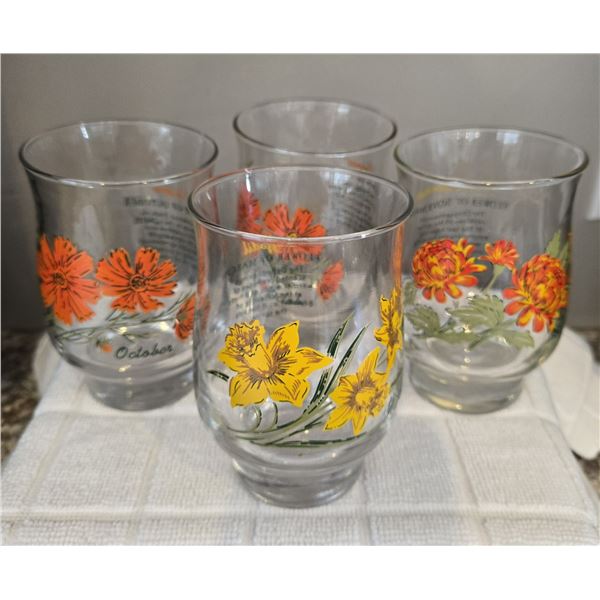 1097 - Lot of 4 vintage 1970s "Flower of the Month" drinking glasses produced by the Brockway Glass 