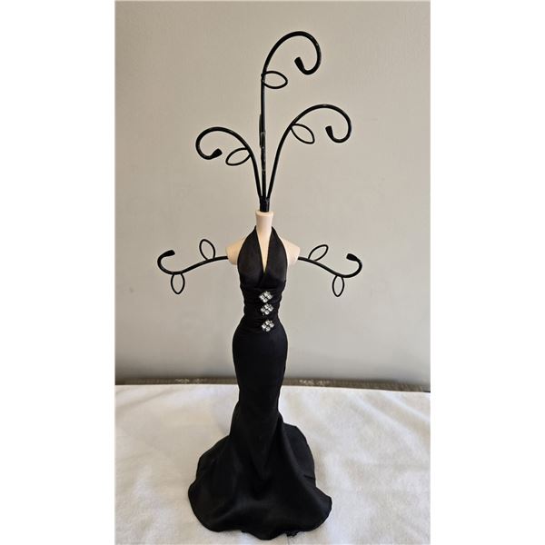 1103 - Vintage jewelery holder - manequin in black satin dress. 18" tall