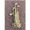 Image 2 : 1104 - Vintage gold tone metal brooch shaped like a golf bag and clubs. Working wheel that spins, da