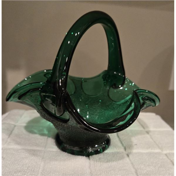 1113 - Vintage Murano or Empoli art glass basket.  Green color, ruffled edges and applied handle. 5"