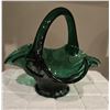 Image 1 : 1113 - Vintage Murano or Empoli art glass basket.  Green color, ruffled edges and applied handle. 5"
