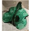 Image 2 : 1113 - Vintage Murano or Empoli art glass basket.  Green color, ruffled edges and applied handle. 5"