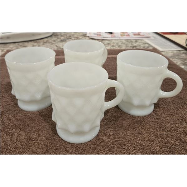 1114 - Set of 4 vintage Anchor Hocking Fire King Kimberly diamond white coffee mugs.  No stains.
